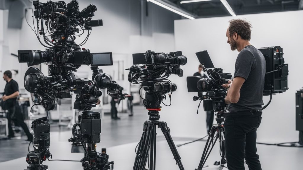 Cameraman stands next to an AI camer robot